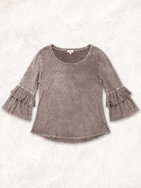 Umgee Tops - Umgee Large Mineral Wash Ruffle Bell Sleeve Top Boho Boutique Mauve Taupe
